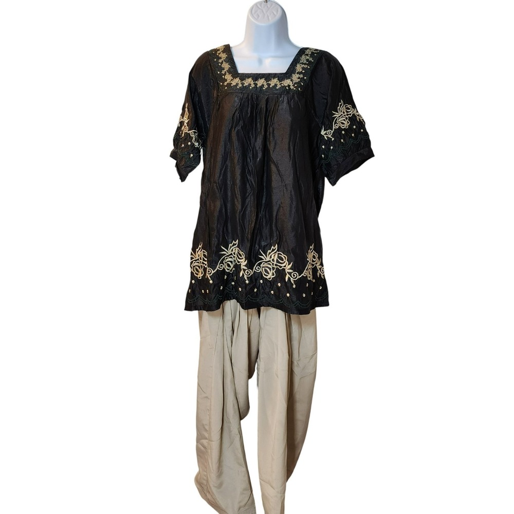 Qianzi 2pc Set L  Black Tan Embroidered  65/35 Cotton Blend  Desi Fusion Ethnic